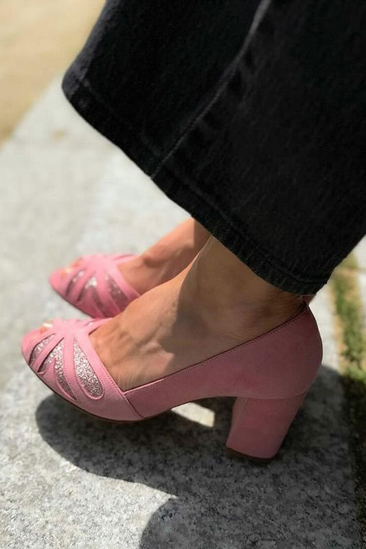 Scarpe con tacco spesso rosa con punta aperta e patchwork scintillante [Pre-ordine] 