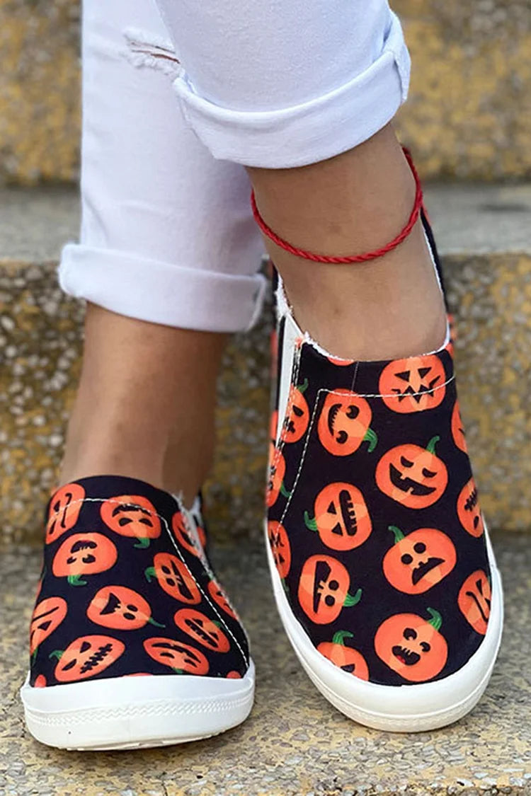 Halloween Pumpkin Skeleton Print Slip On Round Toe Loafers