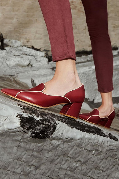 Contrast Edge Pointed Toe Burgundy Chunky Heels [Pre Order]