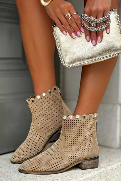 Metallic Studded Hollow Out Pointed Toe Khaki Ankle Boots [Pre Order]