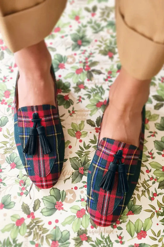 Plaid Pattern Tassel Round Toe Retro Loafers