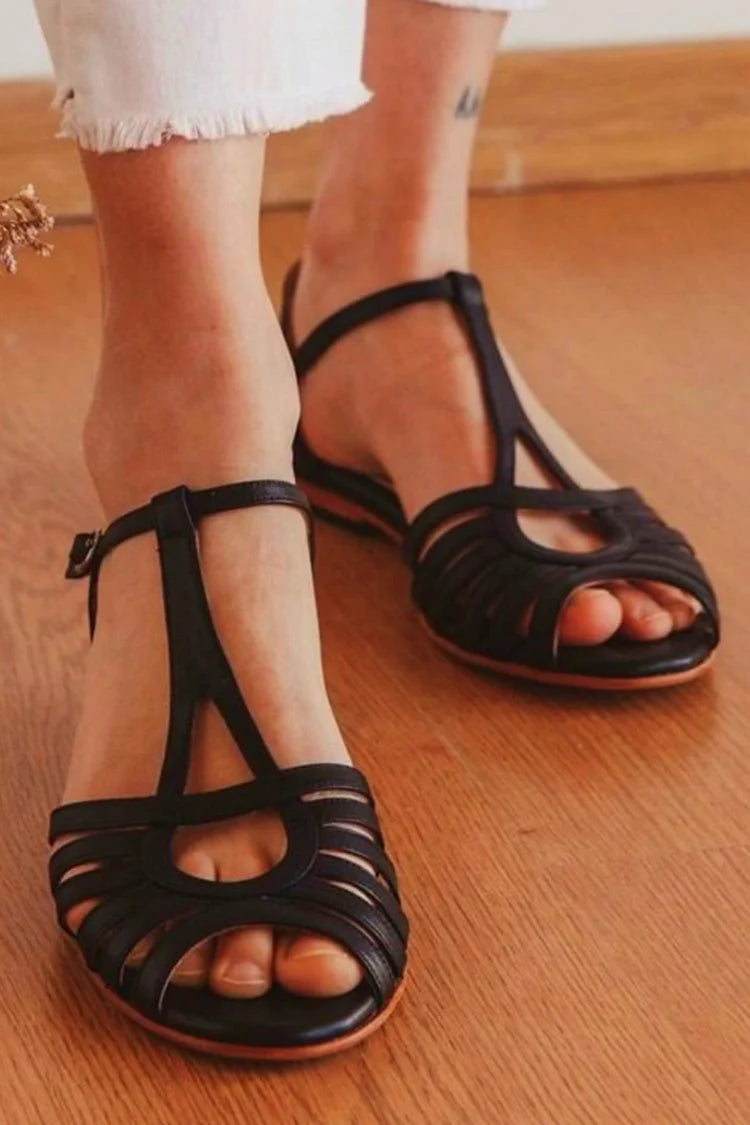 Hollow Out Solid Color Peep Toe Black Sandals [Pre Order]