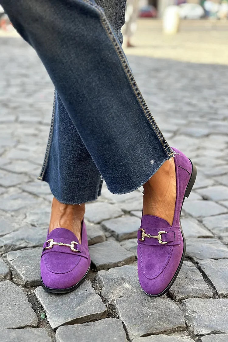 Metallic Buckle Decor Round Toe Patchwork Purple Loafers [Pre Order]