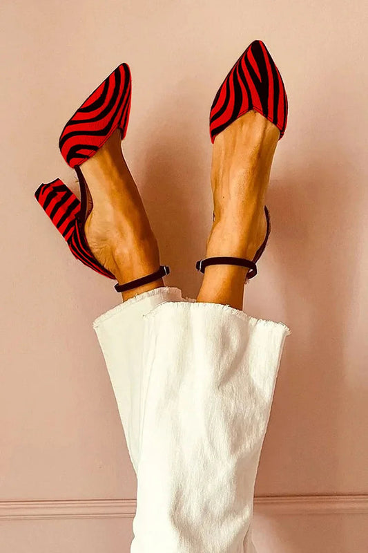 Zebra Print Pointed Toe Ankle Strap Buckle Red Chunky Heels [Pre Order]