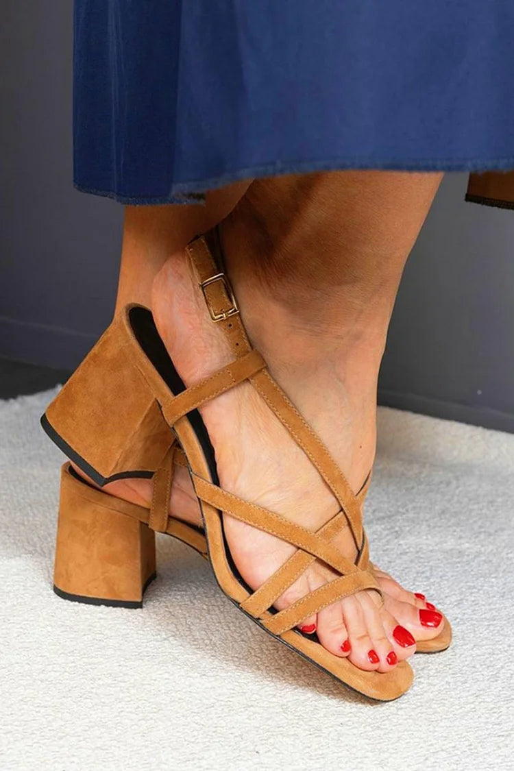 Crossover Straps Buckle Square Toe Brown Chunky Heels