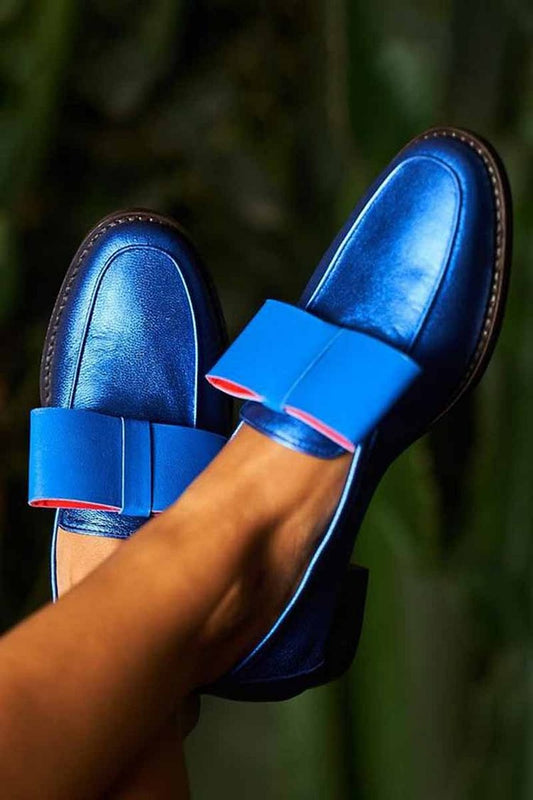 Round Toe Bow Decor Low Block Heels Blue Loafers [Pre Order]