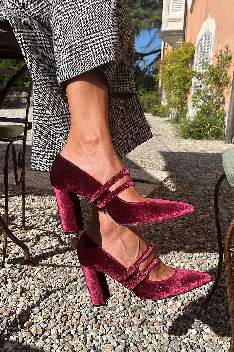 Two Straps Buckles Pointed Toe Velvet Burgundy Chunky Heels [Pre Order]