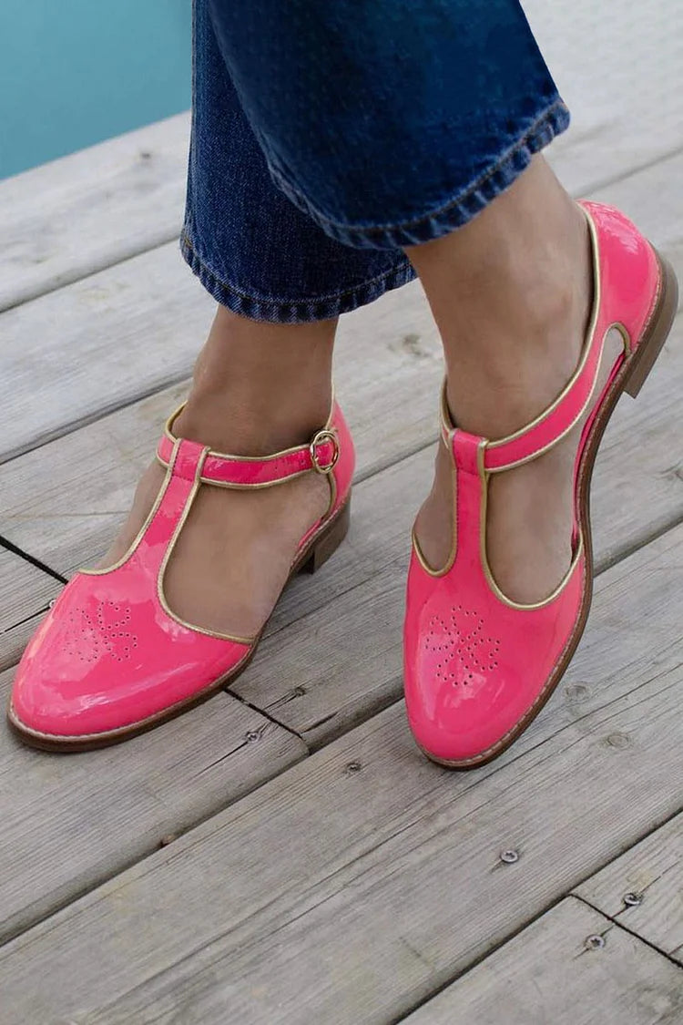 Contrast Trim Round Toe T-Strap Buckle Fuchsia Flats [Pre Order]