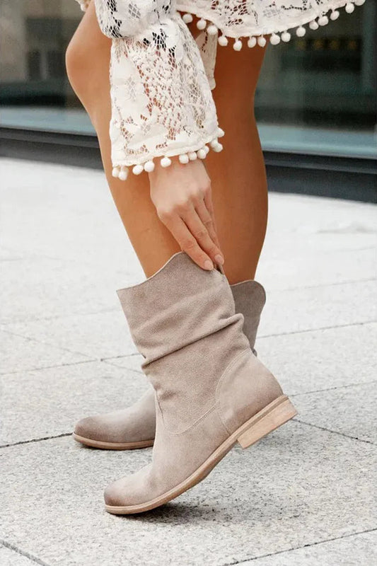 Solid Color Patchwork Round Toe V Cut Slouch Ankle Boots