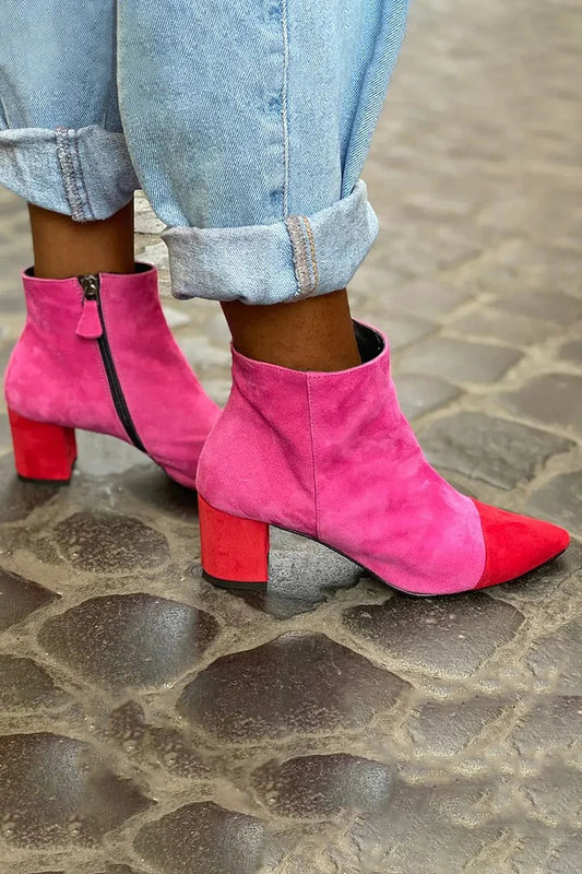 Pointed Toe Patchwork Chunky Heel Fuchsia Ankle Boots