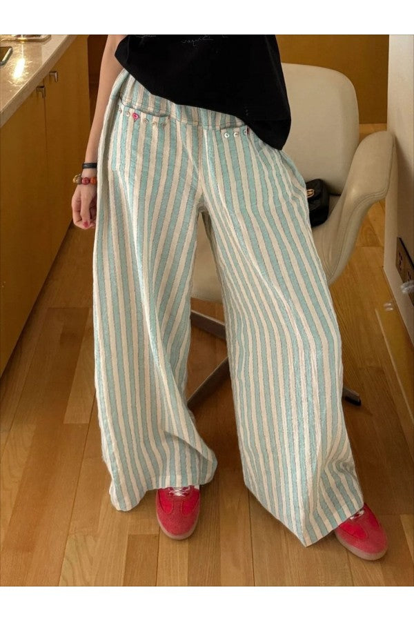 Loose Fit Casual Striped Polyester Cotton Pants