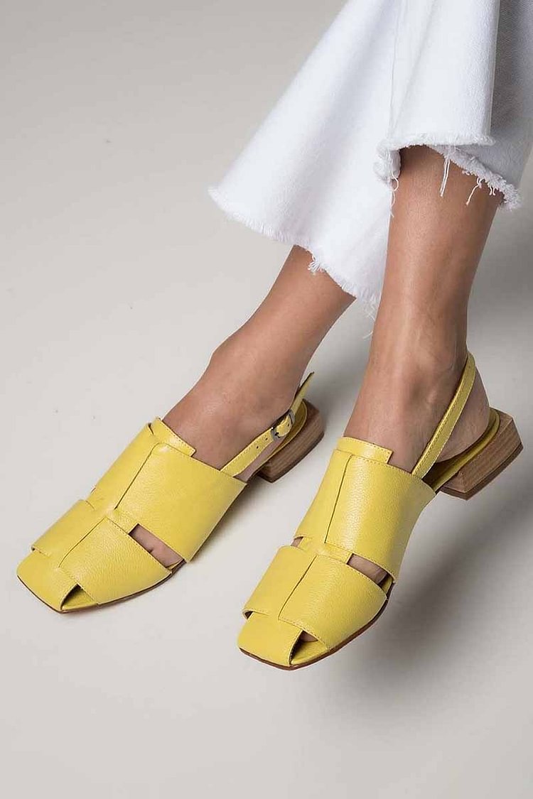 Square Toe Solid Color Slingback Yellow Low Heels [Pre Order]