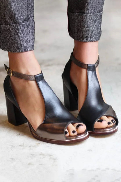 Patchwork Peep Toe Ankle Strap Black Chunky Heels