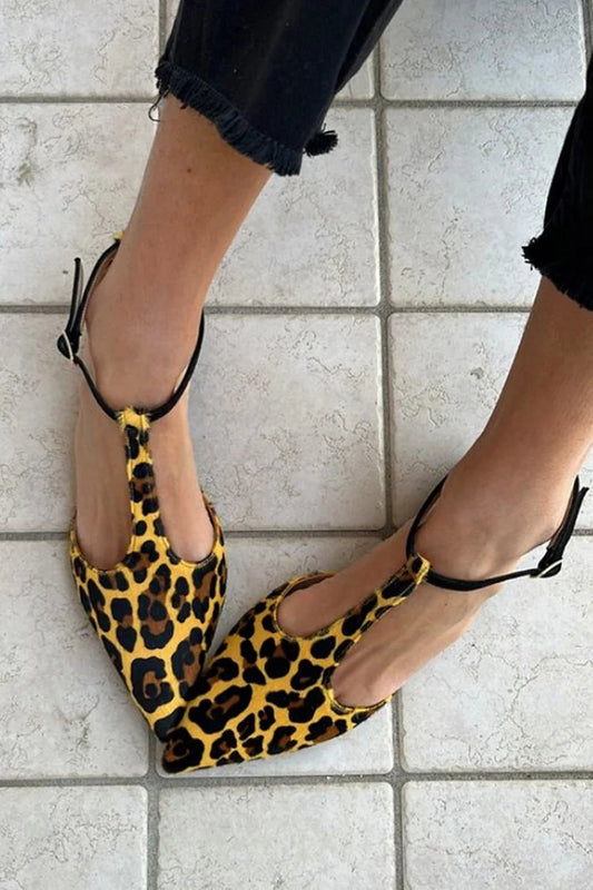 Leopard T-Shaped Ankle Strap Buckle Pointed Toe Yellow Flats [Pre Order]