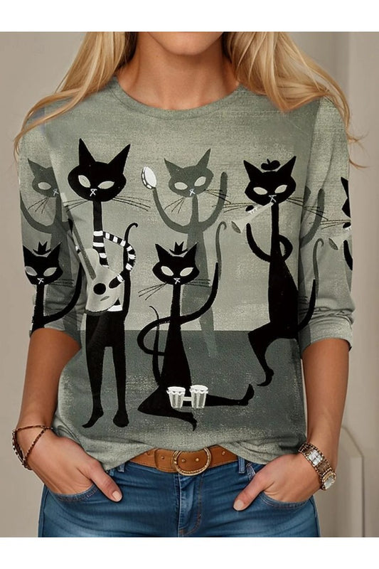 Cute Cat Print Crew Neck Long Sleeve Casual T-shirt