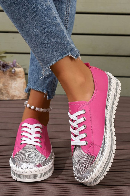 Rhinestone Decor Stitch Detail Round Toe Lace Up Sneakers