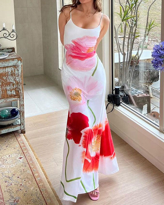 Vestido largo sexy con estampado floral y espalda descubierta 