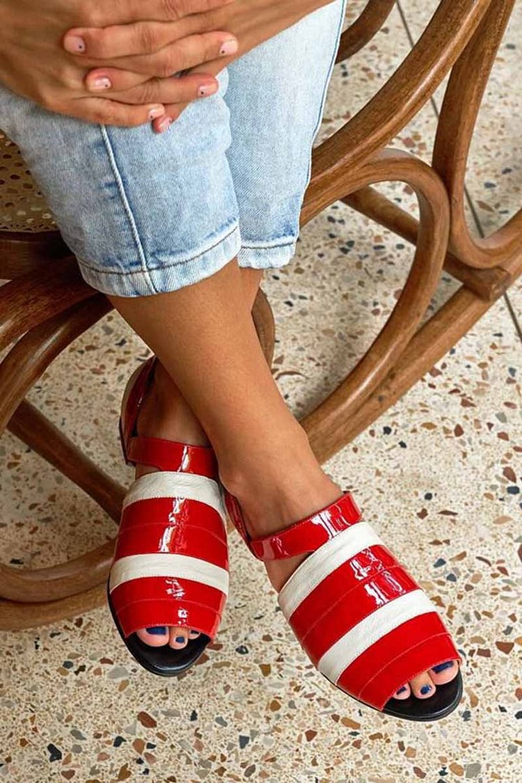 Colorblock Striped Peep Toe Cut Out Red Sandals [Pre Order]