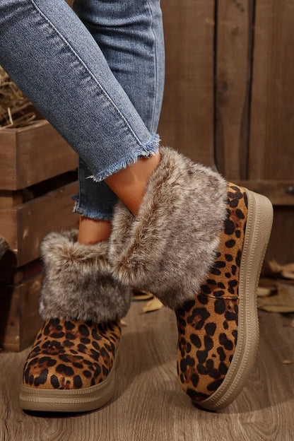 Leopard Print Faux Fur Trim Round Toe Casual Snow Boots