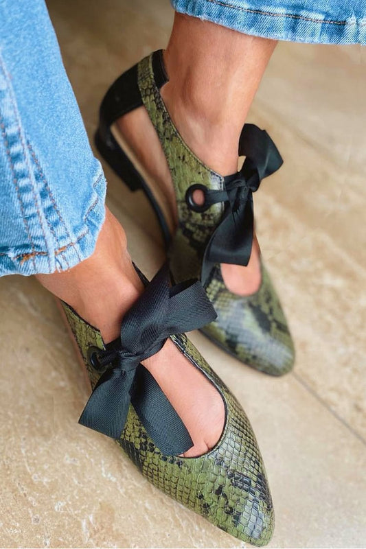 Snake Print Pointed Toe Colorblock Tied Up Green Flats [Pre Order]