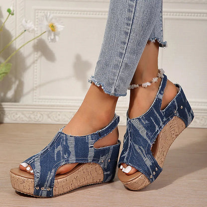 Denim Ripped Rivet Decor Cutout Slingback Strap Platform Wedge Sandals