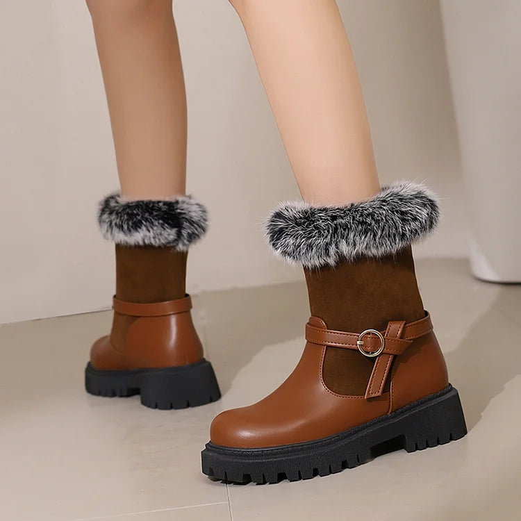 Patchwork Strap Buckle Decor Faux Fur Trim Round Toe Chunky Heel Ankle Boots