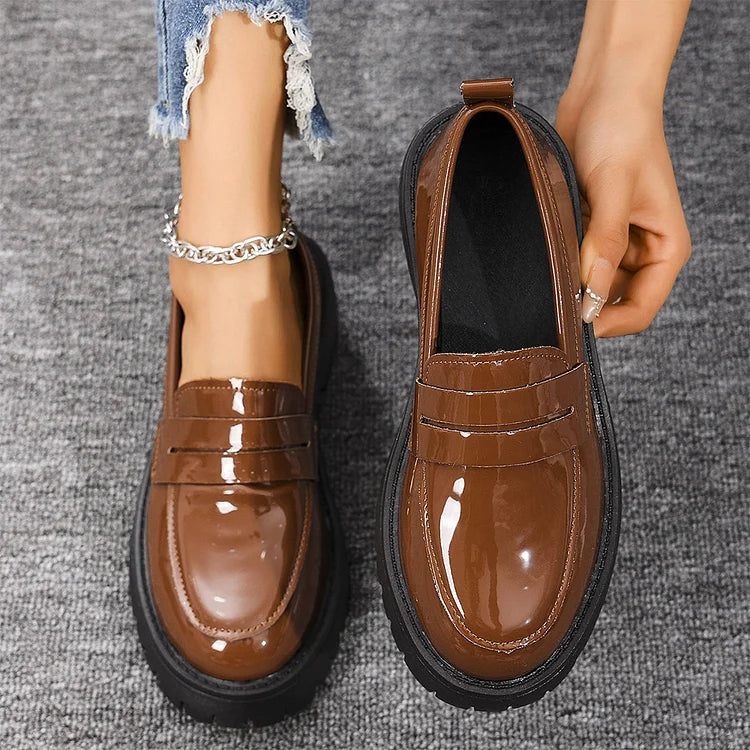 Patchwork Round Toe Low Block Heel Casual Slip On Loafers