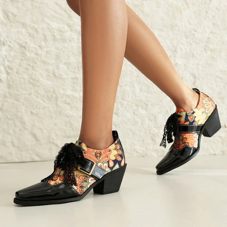 Roses Skull Print Patchwork Tied Up Lace Square Toe Chunky Heel Oxfords