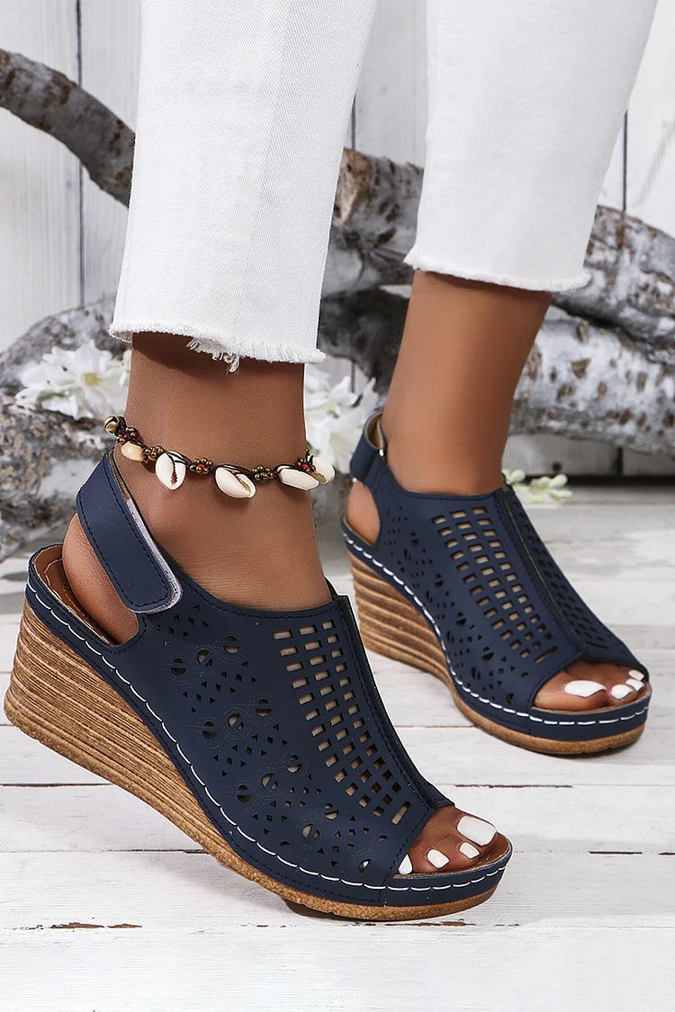 Hollow Out Open Toe Slingback Sandals Wedge Heels