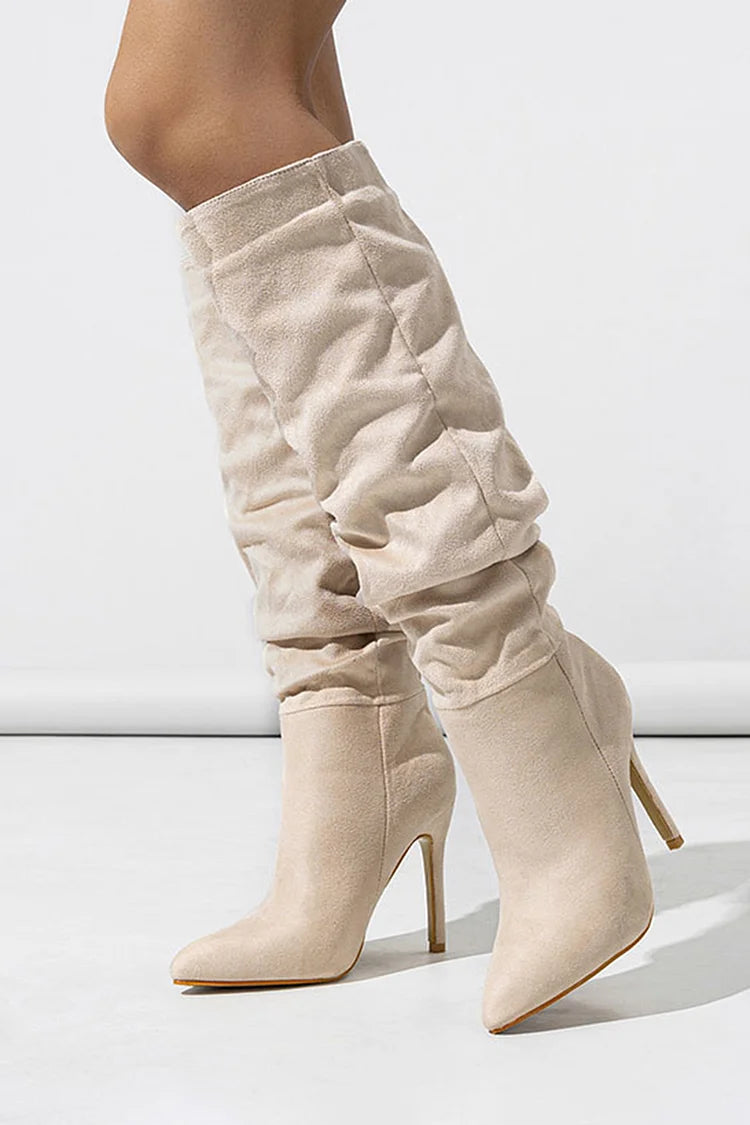 Solid Color Pointed Toe Stiletto Heel Pull On Slouch Knee High Boots