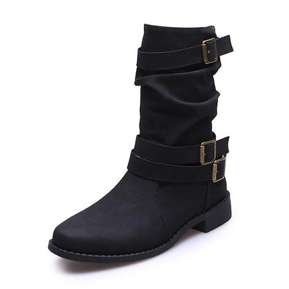 Multi Straps Buckles Patchwork Round Toe Solid Color Mid Boots