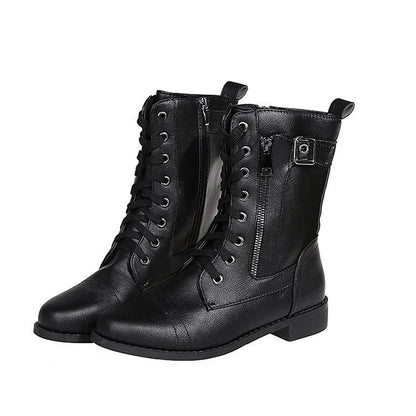 Patchwork Strap Buckle Round Toe Zipper Lace Up Mid Boots