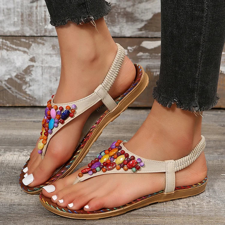 Colourful Gem Beads Seam Detail Elastic Band Flip Flops Retro Sandals