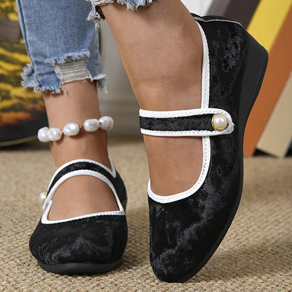 Contrast Trim Instep Strap Buckle Round Toe Velvet Flats