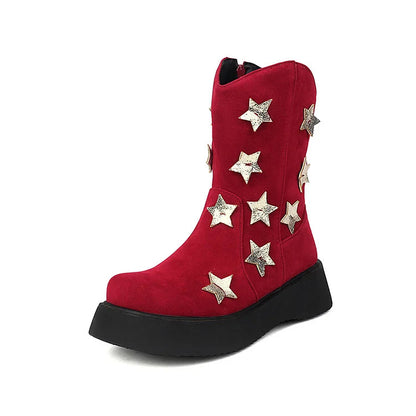 Star Shaped Patchwork Zipper Round Toe Low Platform Ankle Boots