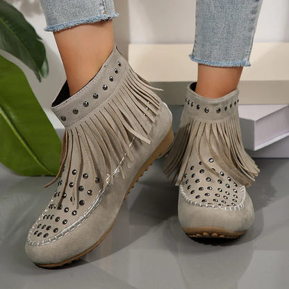 Metal Rivets Round Toe Fringed Trim Zipper Ankle Boots