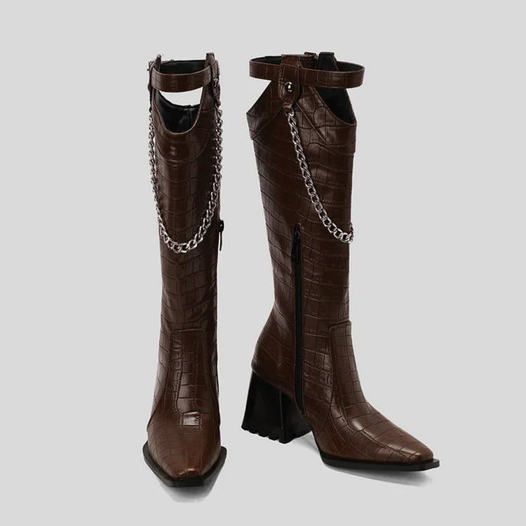 Chain Strap Buckle Decor Crocodile Print Pointed Toe Knee High Boots