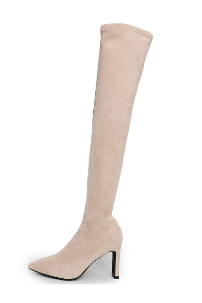 Pointed Toe Chunky Heel Solid Color Pull On Over The Knee Boots