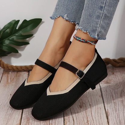 Contrast Binding Instep Strap Buckle Round Toe Knit Flats