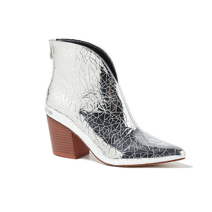 Metallic Sheen V Cut Pointed Toe Chunky Heels Ankle Boots