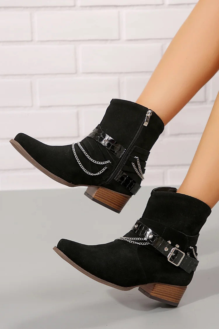 Chain Strap Buckle Decor Pointed Toe Low Block Heel Ankle Boots