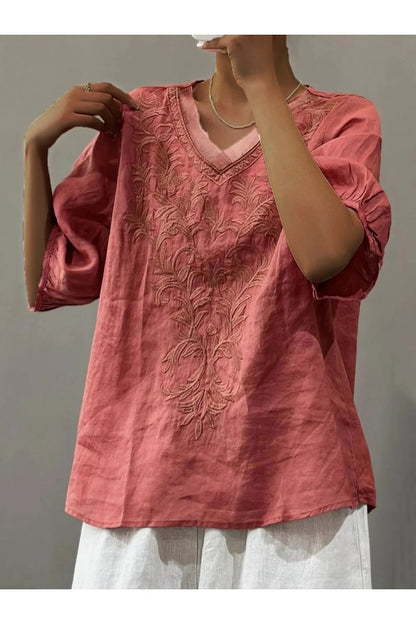 Floral Embroidery V-neck Loose Casual Shirt