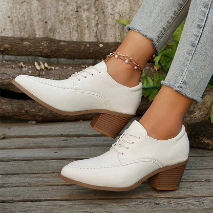 Patchwork Stitch Detail Pointed Toe Chunky Heel Lace Up Oxfords