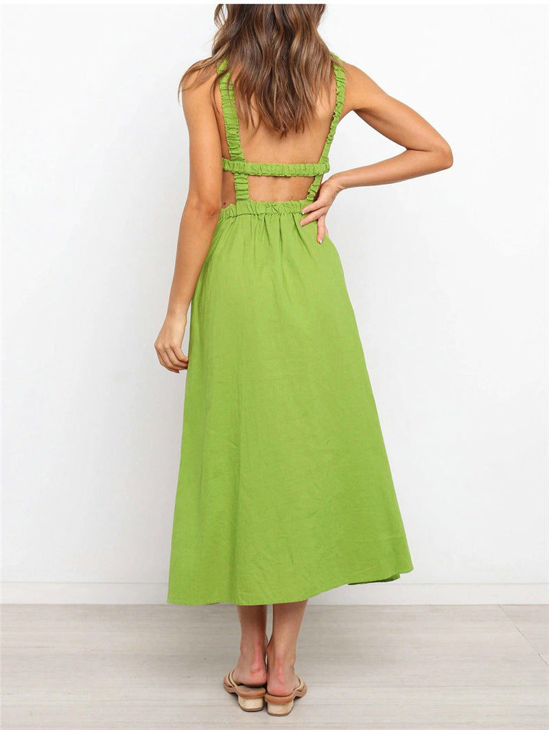 Solid Color Linen Backless Dress