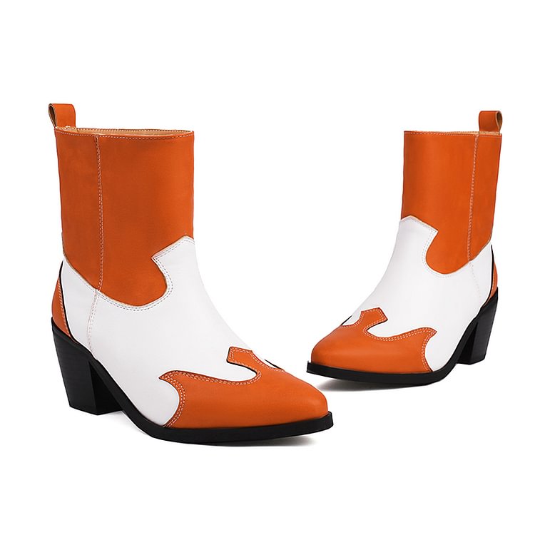 Colorblock Pointed Toe Patchwork Chunky Heel Pull On Ankle Boots