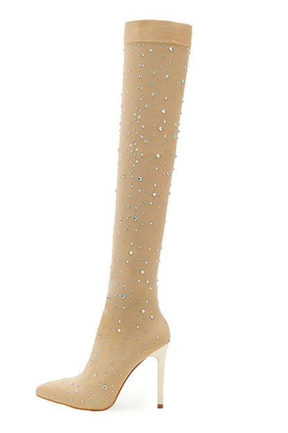 Rhinestone Decor Pointed Toe Stiletto Heel Over The Knee Sock Boots