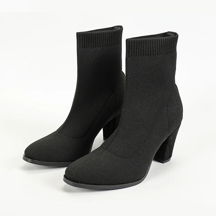 Knitted Solid Color Pointed Toe Chunky Heel Pull On Sock Ankle Boots