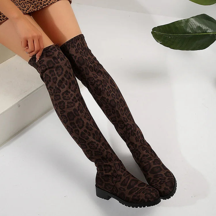 Solid Color Round Toe Patchwork Low Block Heel Over The Knee Boots