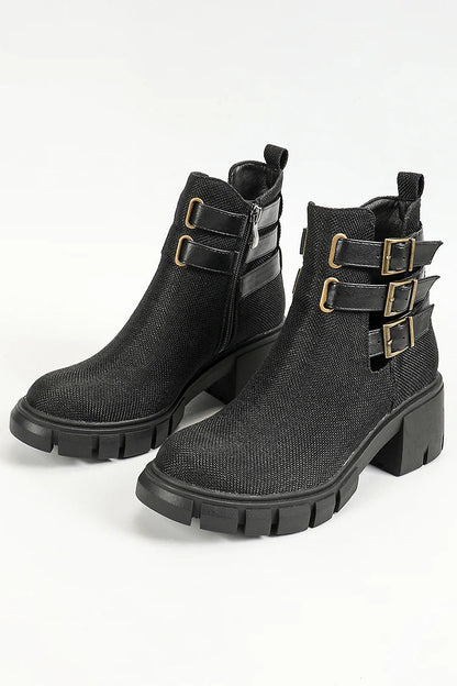 Multi Straps Buckles Zipper Round Toe Chunky Heel Ankle Boots