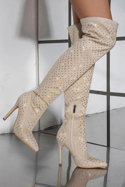 Rhinestone Decor Pointed Toe Stiletto Heel Over The Knee Boots